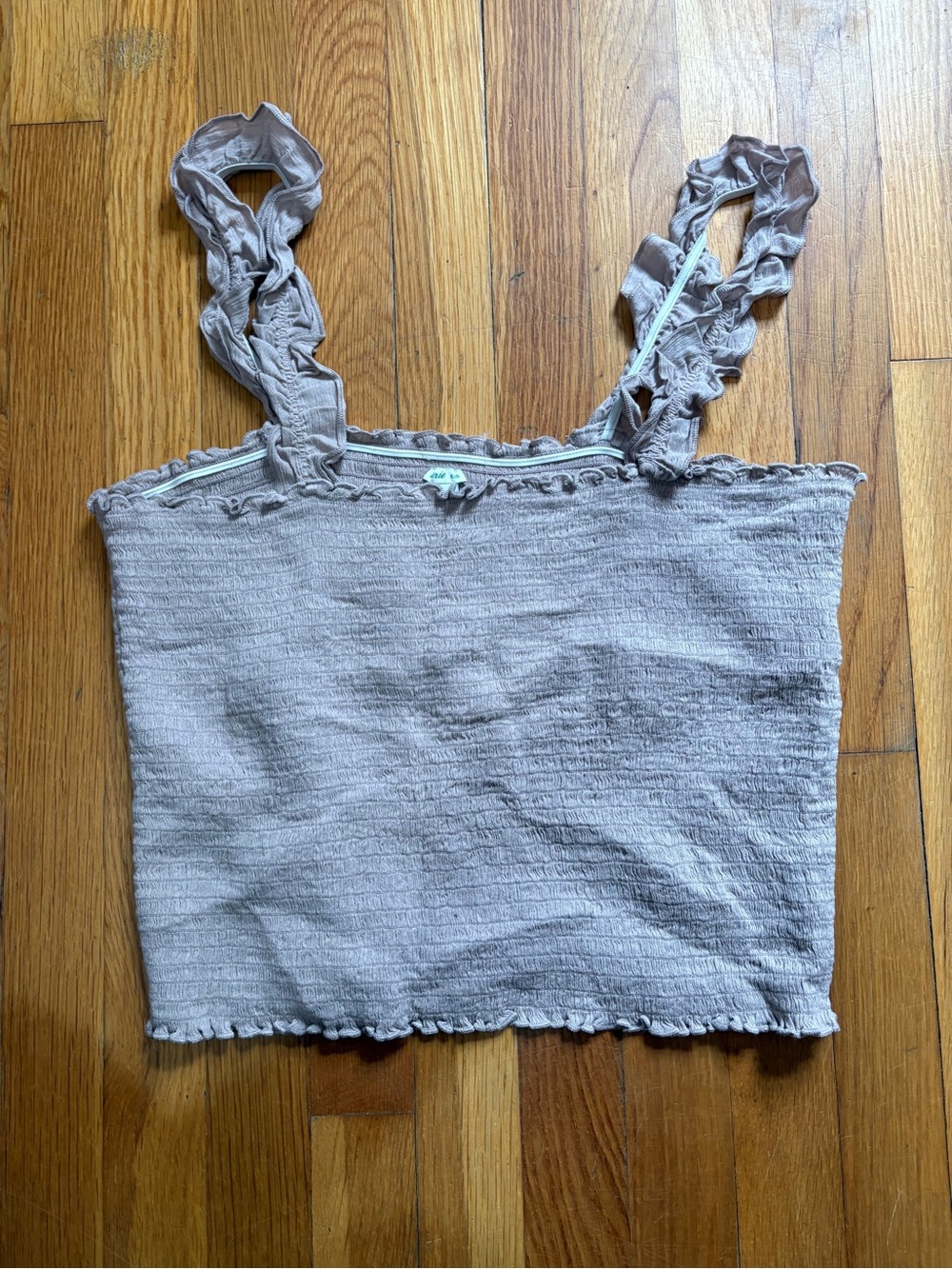 aerie Taupe Smocked Ruffle-Strap Crop Top